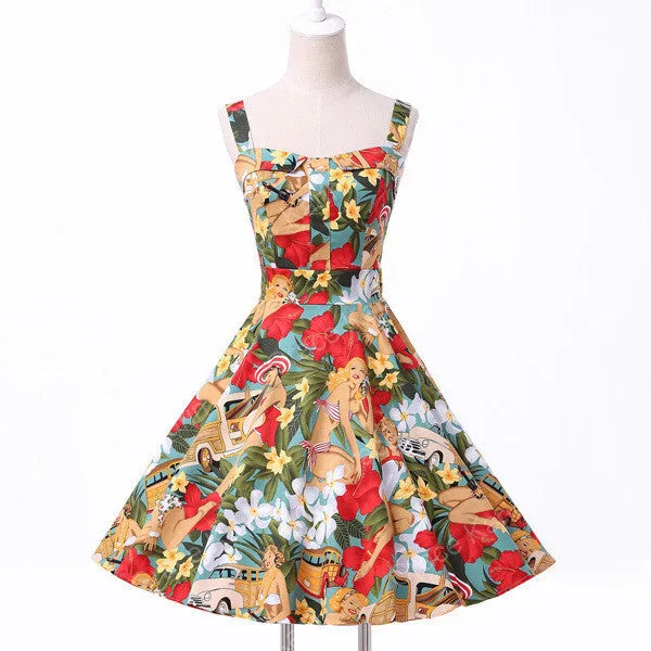 Ladies Cotton Rockabilly Womens Summer style Dresses pin up Retro Vintage 50s Audrey Hepburn Swing print Casual clothing