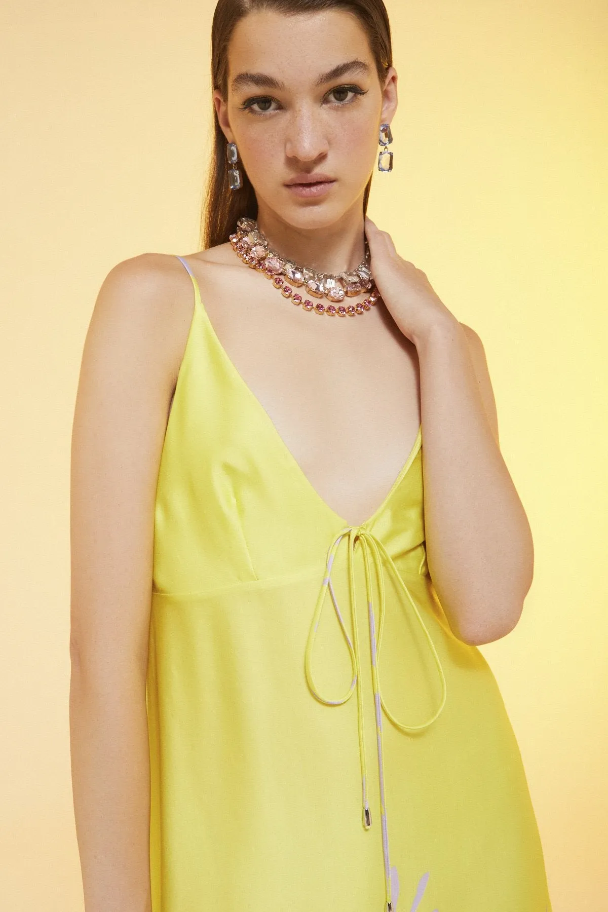 Lime Silk Maxi Dress with Coral Illustration