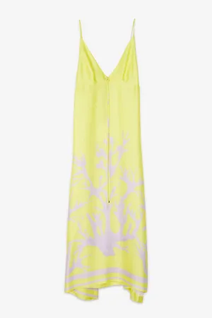 Lime Silk Maxi Dress with Coral Illustration