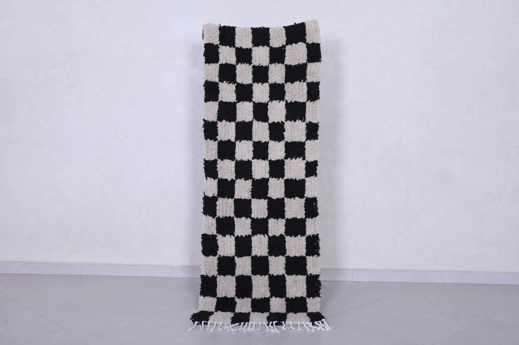Long Handmade Moroccan Check Rug 2 X 5.6 Feet