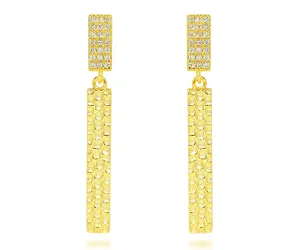 Long Rectangle Hammered Crystal Gold Earrings