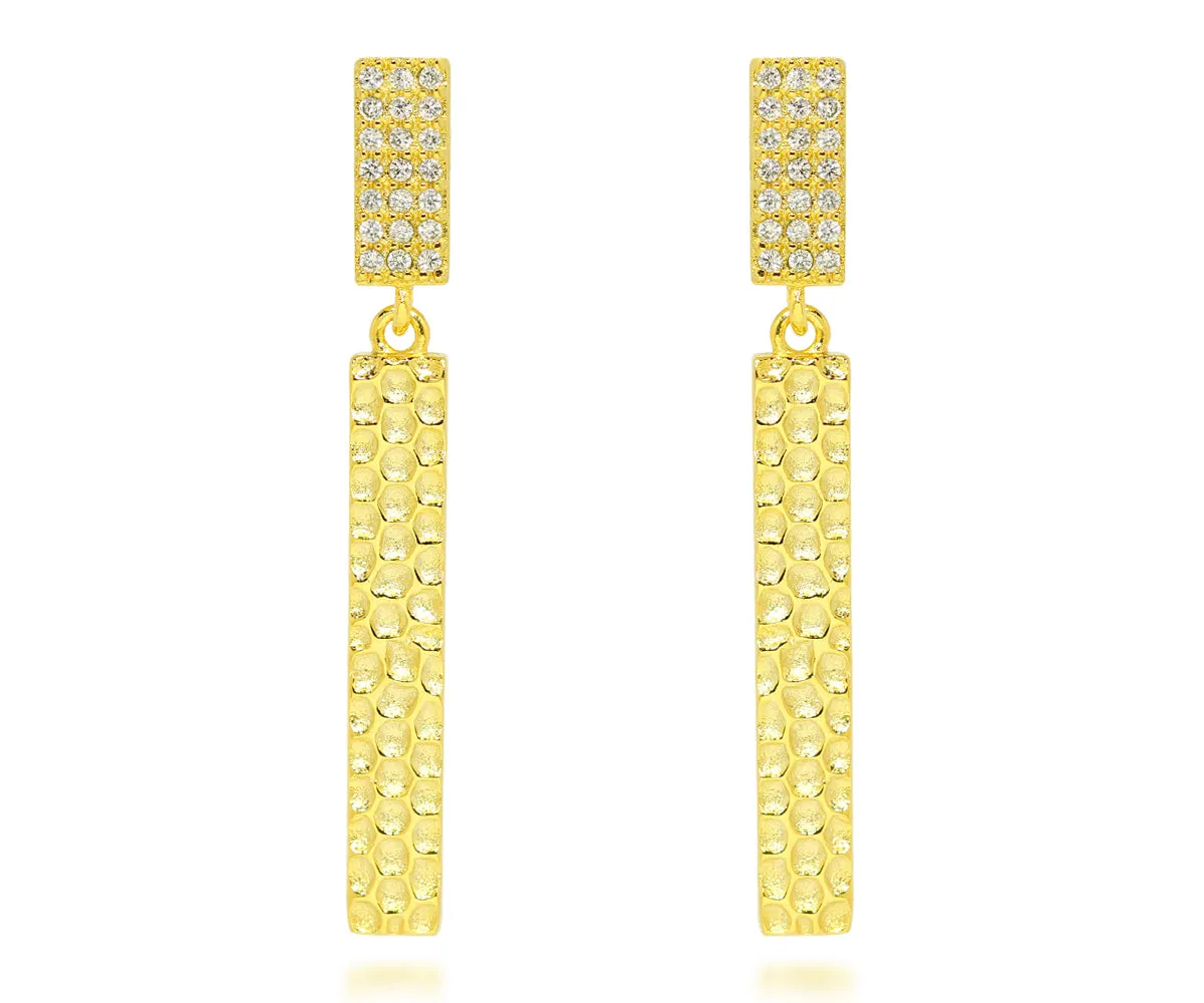 Long Rectangle Hammered Crystal Gold Earrings
