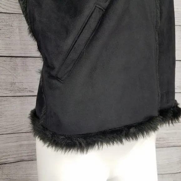 Lord &amp; Taylor S/M Faux Suede Zip up Hooded Vest Faux fur lined