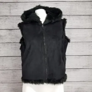 Lord &amp; Taylor S/M Faux Suede Zip up Hooded Vest Faux fur lined