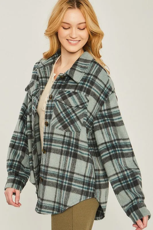 Love Tree Woven Yarn Dye Long Sleeve Shacket