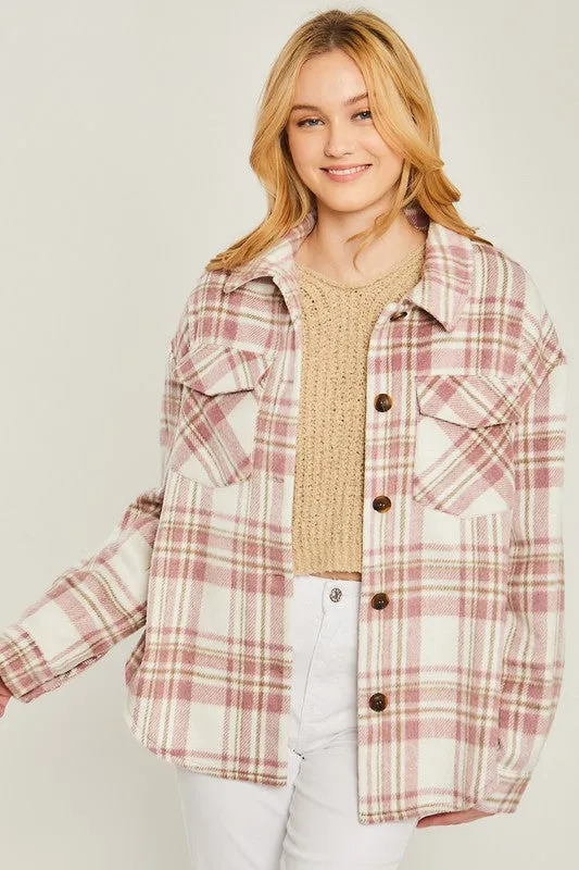 Love Tree Woven Yarn Dye Long Sleeve Shacket