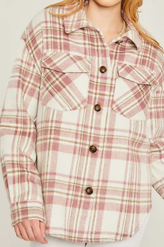 Love Tree Woven Yarn Dye Long Sleeve Shacket