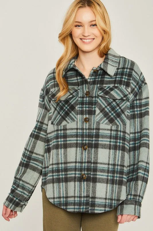 Love Tree Woven Yarn Dye Long Sleeve Shacket