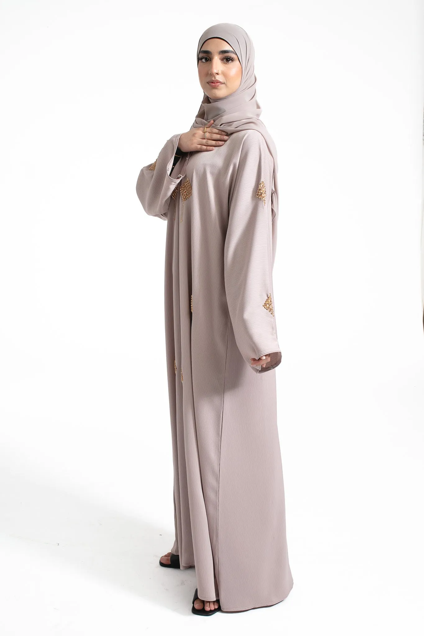 Luxury Abalone Grey Embellished Closed Abaya (Premium)