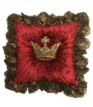 Luxury Decorative Pillow Red Velvet Ruffled with Jeweled Crown