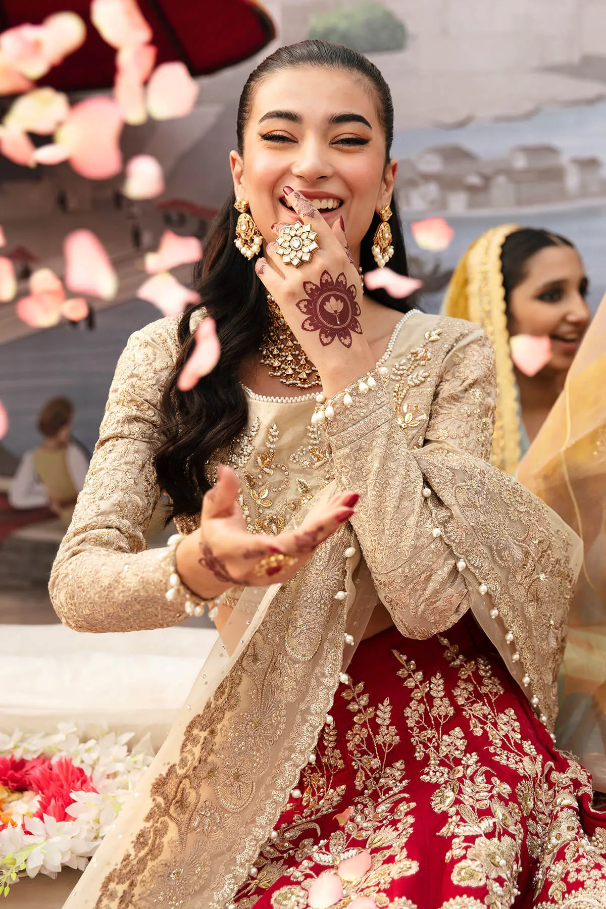 Luxury Pakistani Party Dress Golden and Red Lehenga Style Outfit