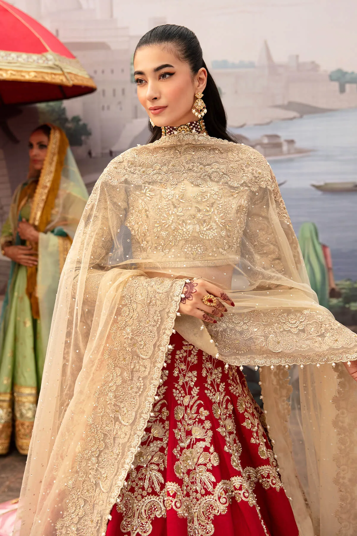 Luxury Pakistani Party Dress Golden and Red Lehenga Style Outfit