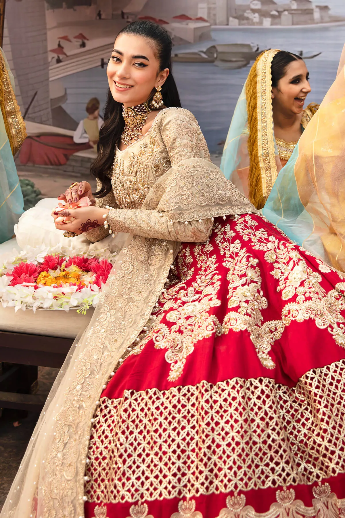 Luxury Pakistani Party Dress Golden and Red Lehenga Style Outfit
