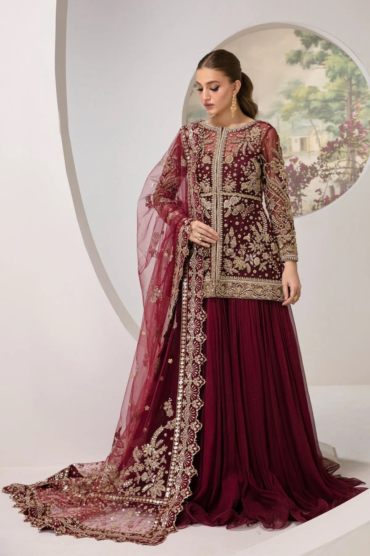 Luxury Rose Red Embroidered Kameez Lehenga Pakistani Wedding Dress