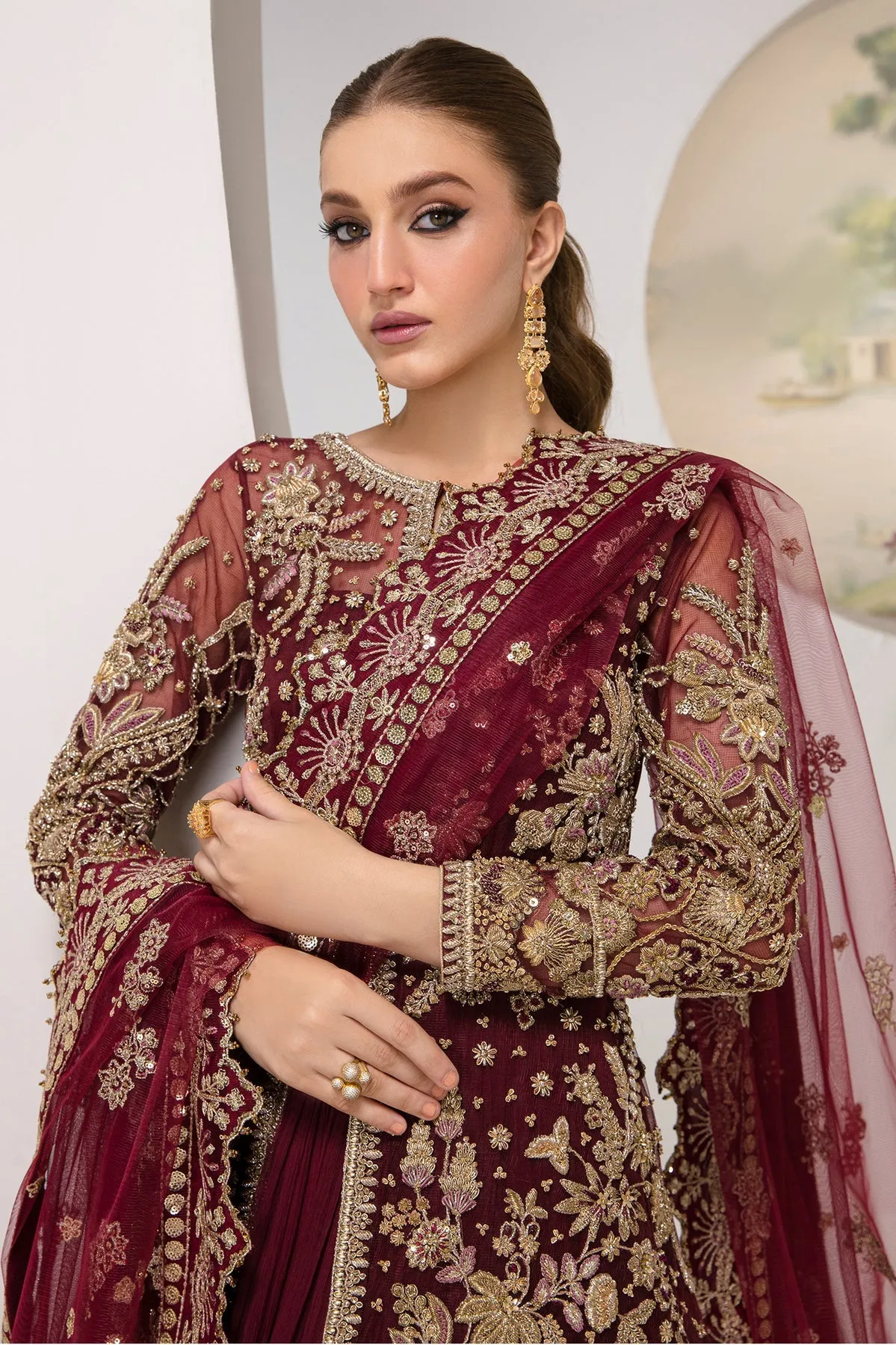 Luxury Rose Red Embroidered Kameez Lehenga Pakistani Wedding Dress