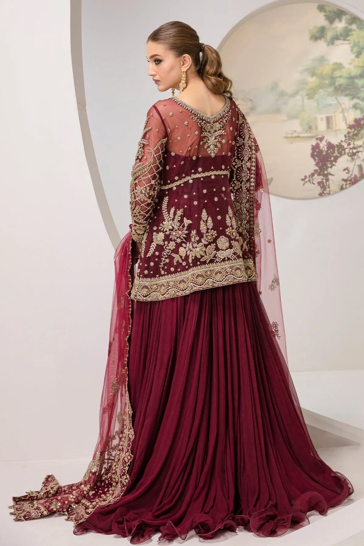 Luxury Rose Red Embroidered Kameez Lehenga Pakistani Wedding Dress