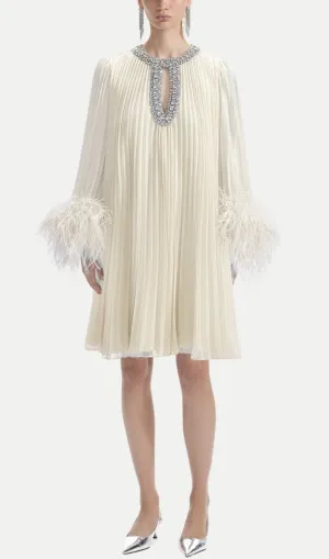 Manja Diamante Chiffon Feather Mini Dress - White