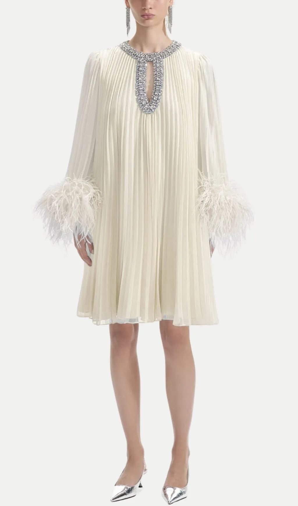 Manja Diamante Chiffon Feather Mini Dress - White