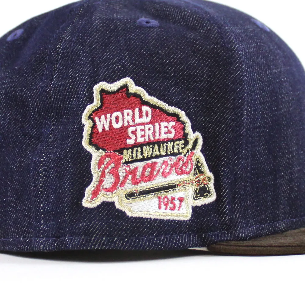 Milwaukee Braves 1957 WORLD SERIES New Era 59Fifty Fitted Hat (Dark Navy Corduroy Brown Green UNDER BRIM)