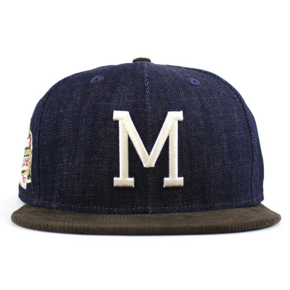 Milwaukee Braves 1957 WORLD SERIES New Era 59Fifty Fitted Hat (Dark Navy Corduroy Brown Green UNDER BRIM)