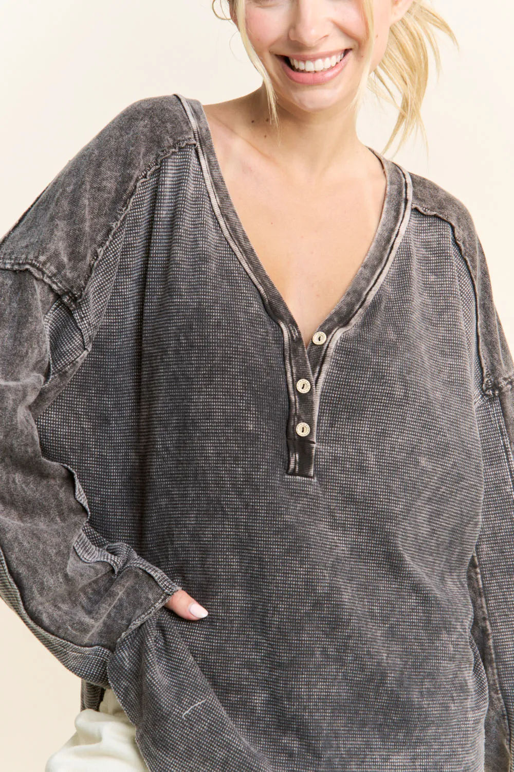 Mineral Wash Deep Vneck Button Melangie J.Her Sweater: Ashed Black