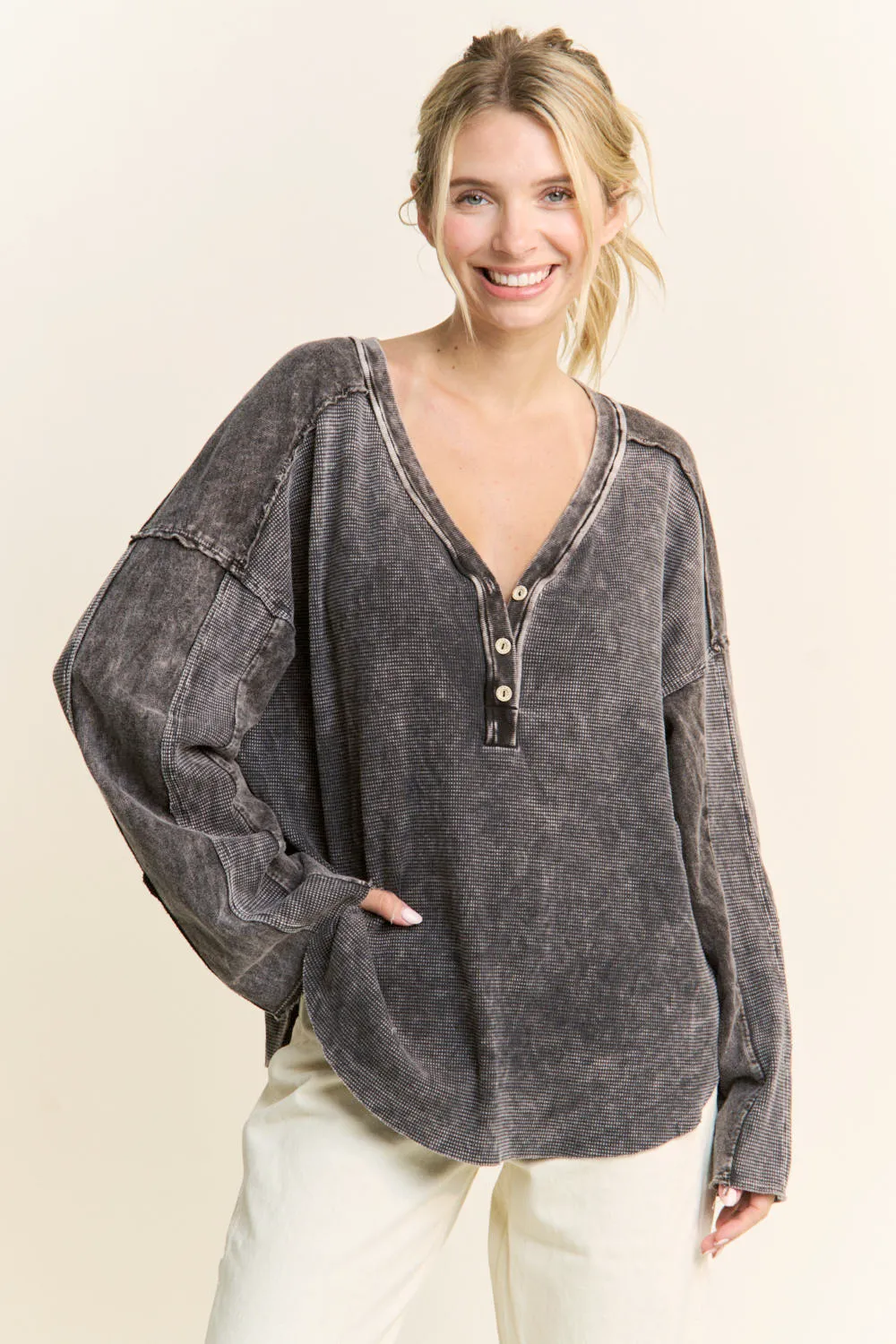 Mineral Wash Deep Vneck Button Melangie J.Her Sweater: Ashed Black