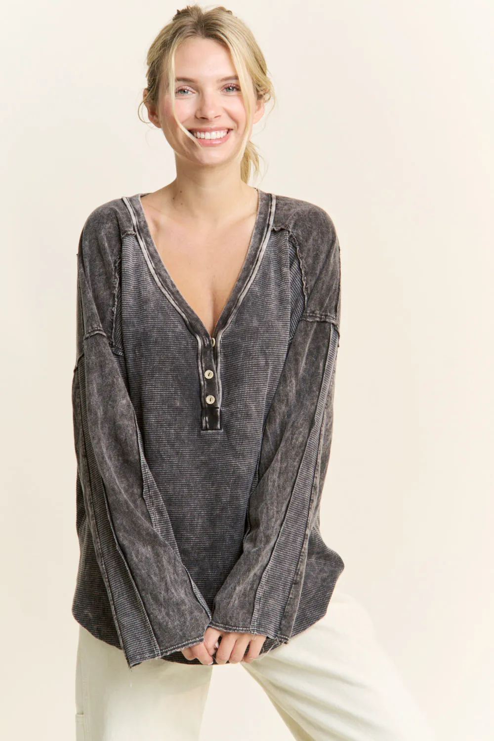 Mineral Wash Deep Vneck Button Melangie J.Her Sweater: Ashed Black