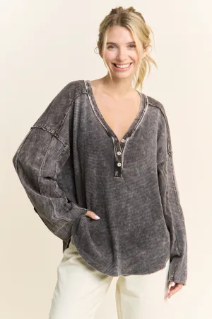 Mineral Wash Deep Vneck Button Melangie J.Her Sweater: Ashed Black