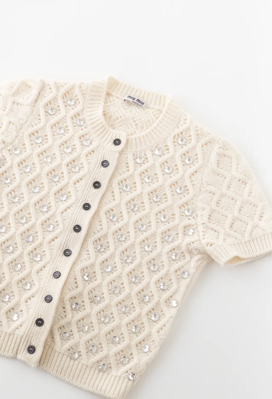Miu Miu Rhinestone Embellished Cropped Cashmere Cardigan