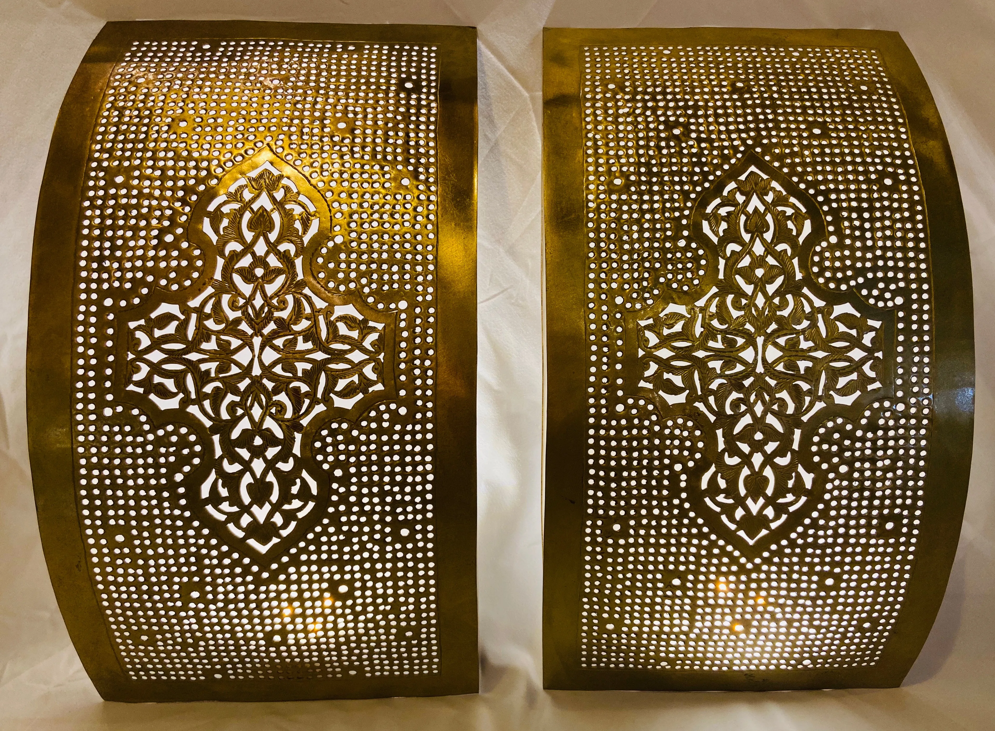 Moroccan Wall Sconce or Lantern in Gold Brass, a Pair