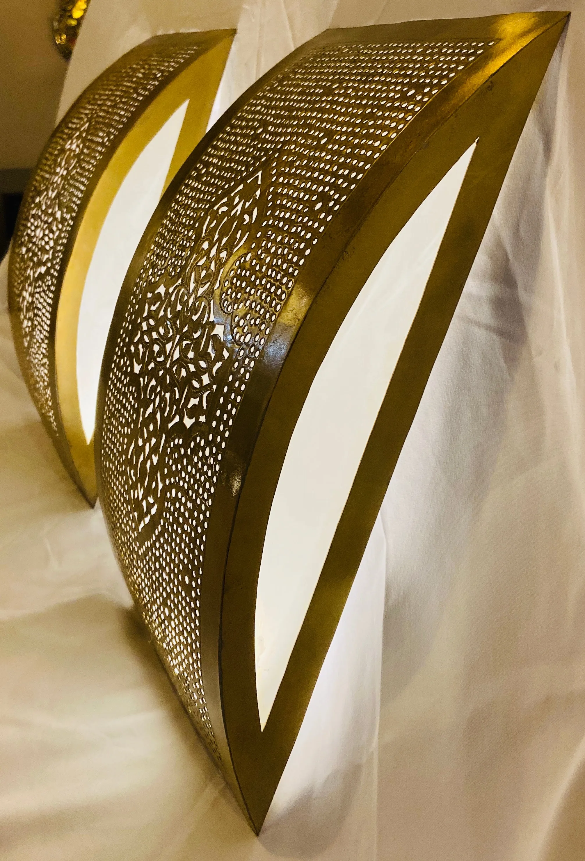 Moroccan Wall Sconce or Lantern in Gold Brass, a Pair