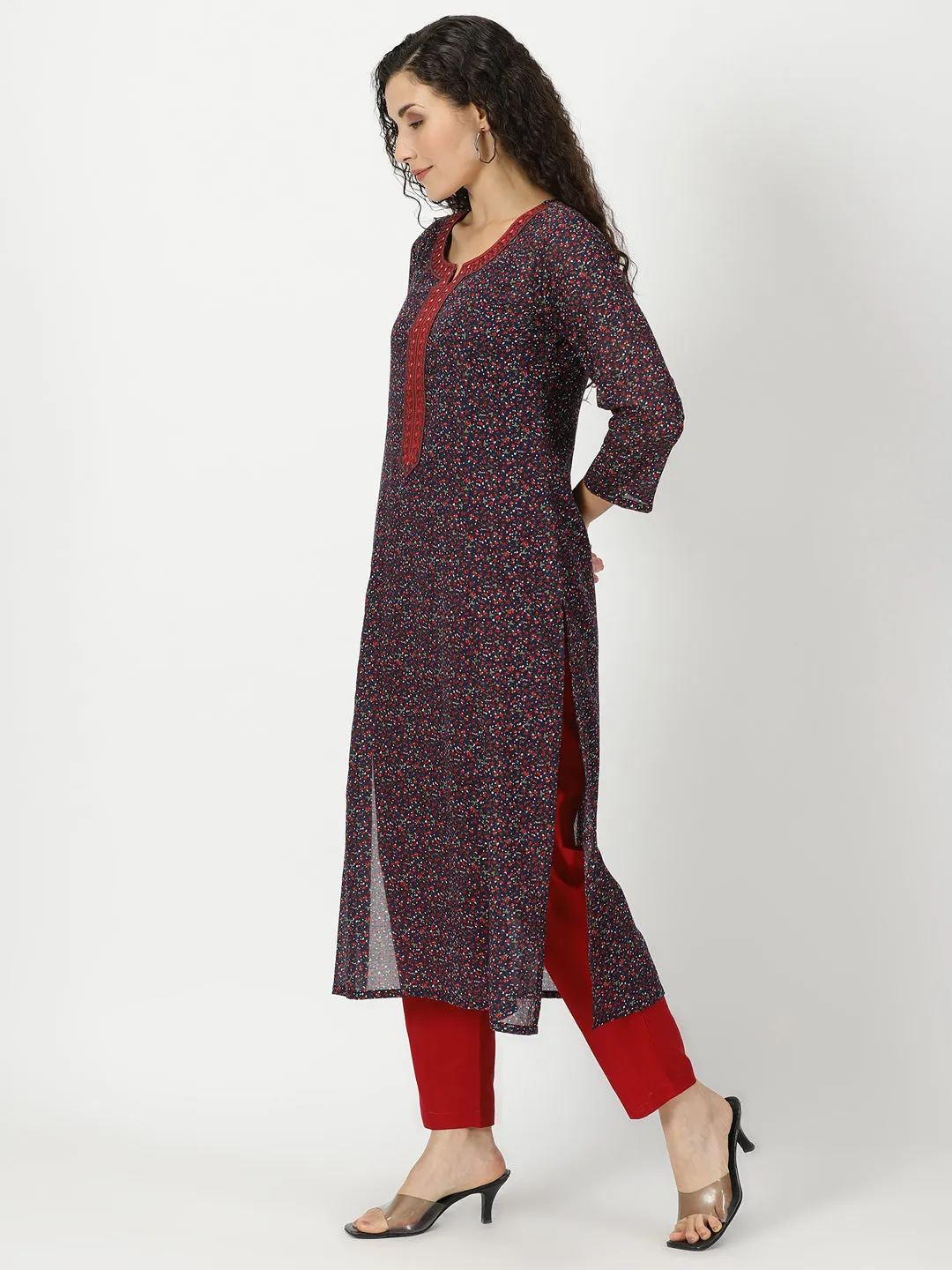 Navy Blue Ditsy Floral Print Cotton Kurta with Mirror Neck Embroidery