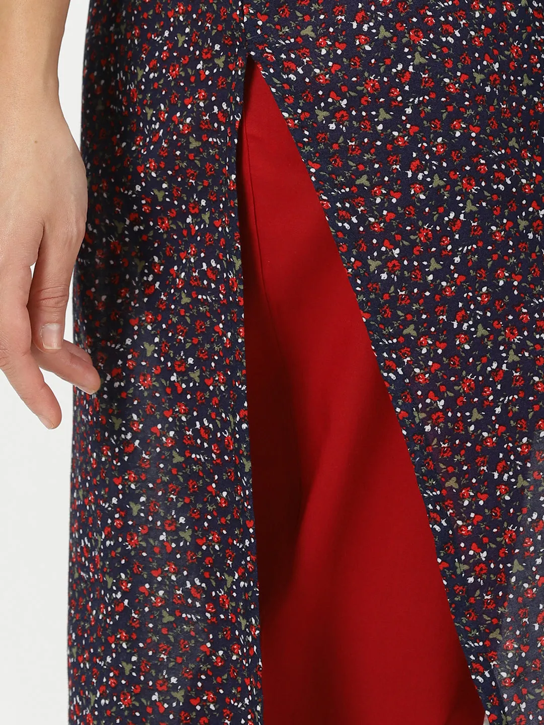 Navy Blue Ditsy Floral Print Cotton Kurta with Mirror Neck Embroidery