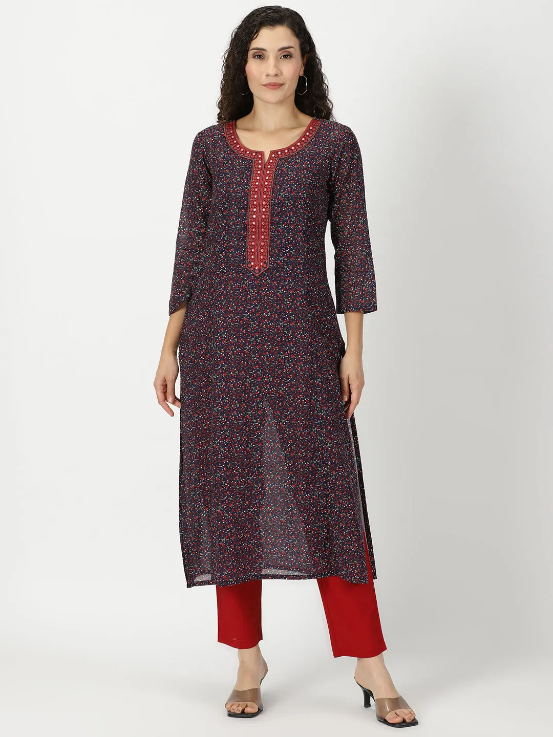 Navy Blue Ditsy Floral Print Cotton Kurta with Mirror Neck Embroidery