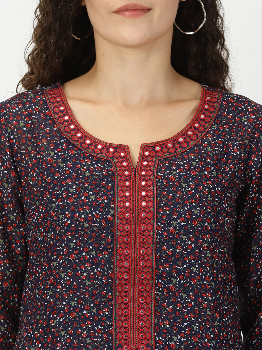 Navy Blue Ditsy Floral Print Cotton Kurta with Mirror Neck Embroidery