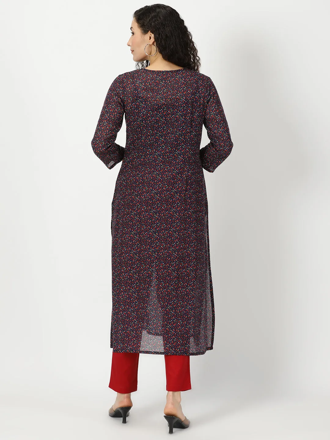 Navy Blue Ditsy Floral Print Cotton Kurta with Mirror Neck Embroidery