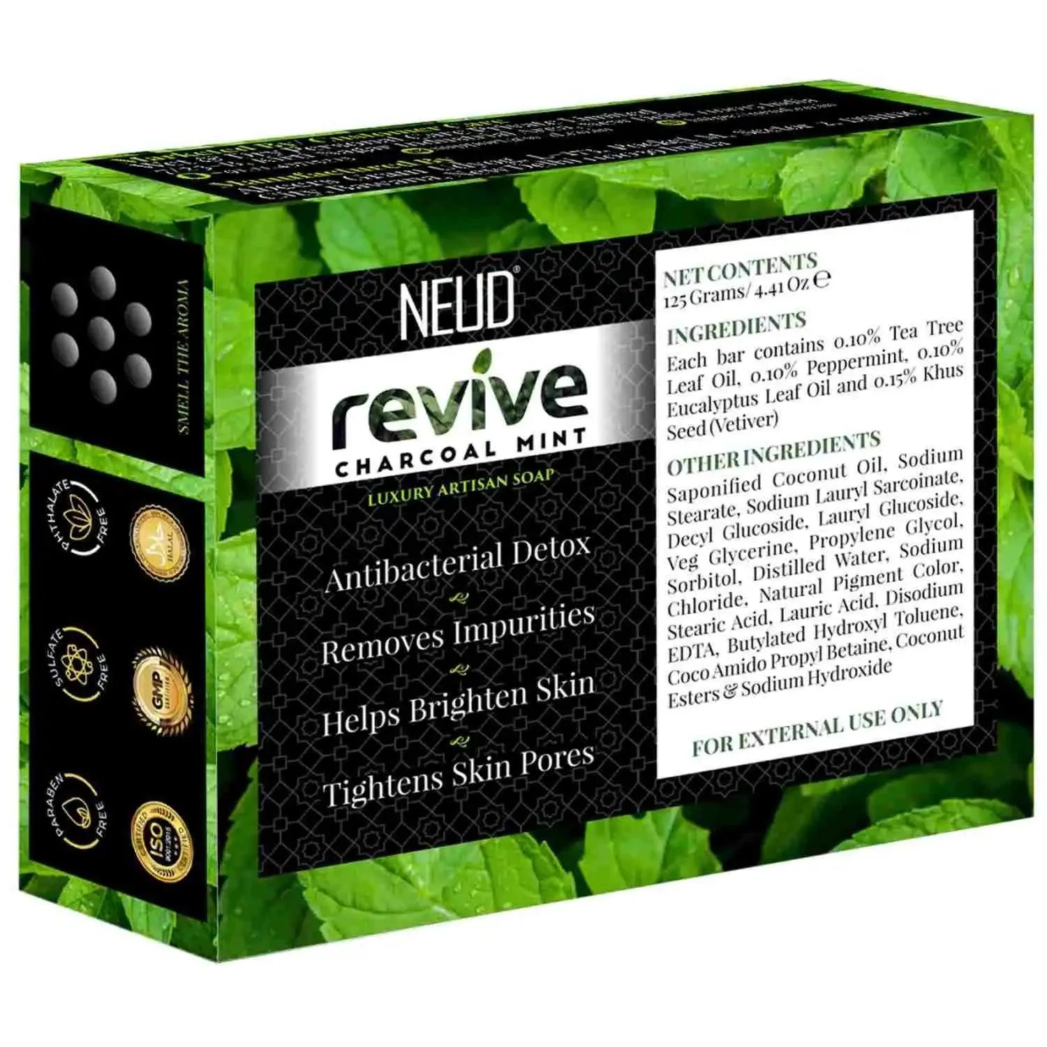NEUD Revive Charcoal Mint Luxury Artisan pH-Balanced Vegan Handmade Soap 125g with Tea Tree Oil, Peppermint, Eucalyptus, Khus