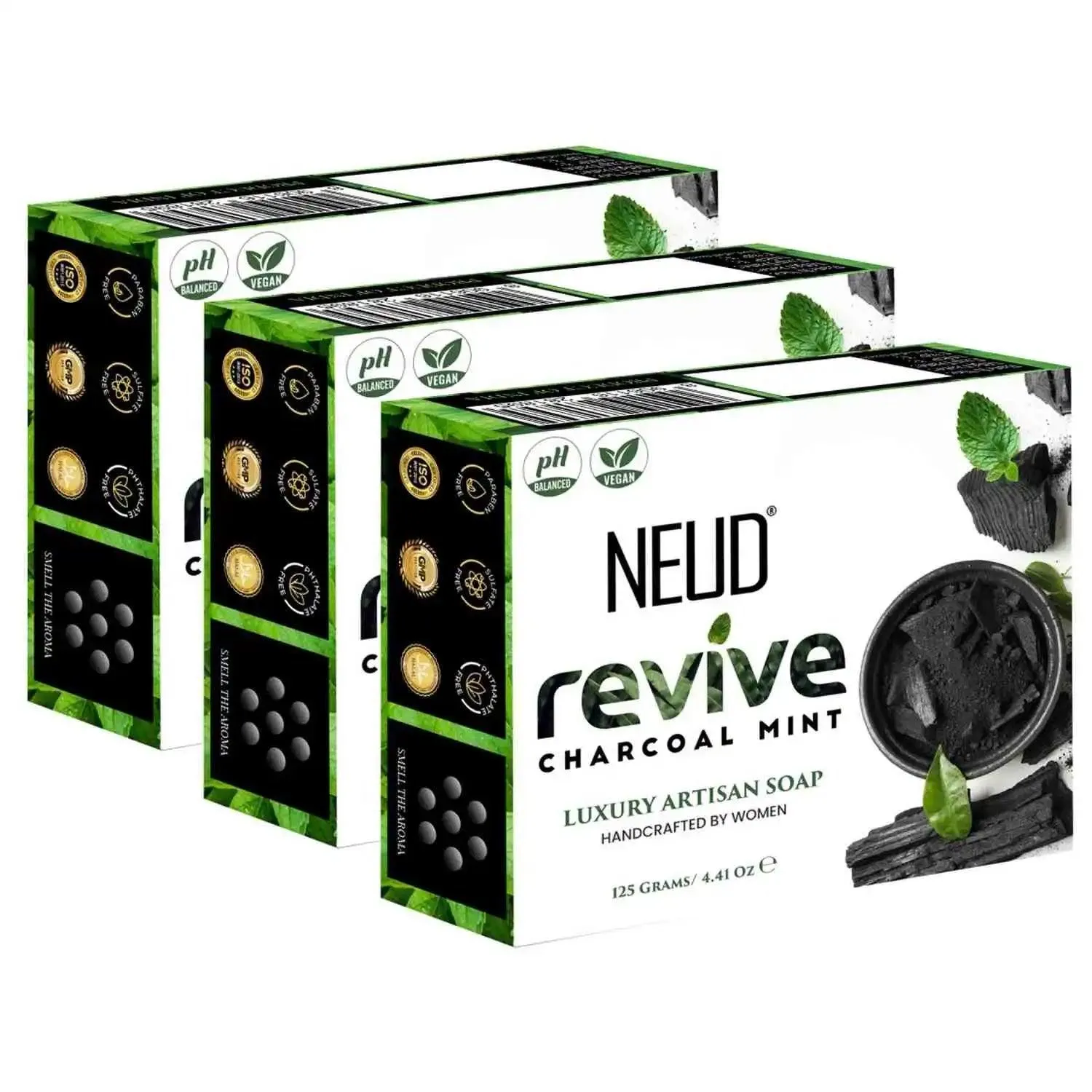 NEUD Revive Charcoal Mint Luxury Artisan pH-Balanced Vegan Handmade Soap 125g with Tea Tree Oil, Peppermint, Eucalyptus, Khus