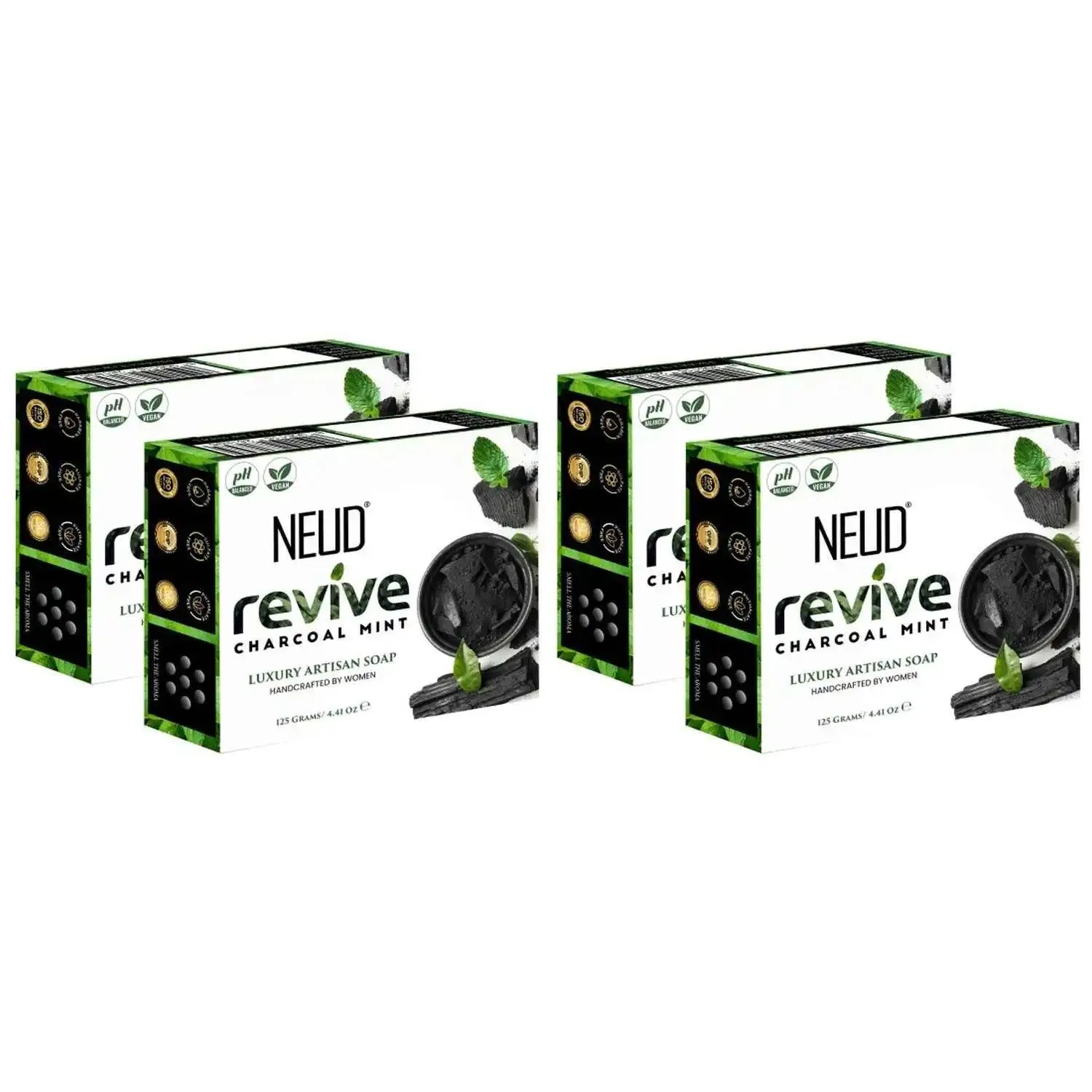 NEUD Revive Charcoal Mint Luxury Artisan pH-Balanced Vegan Handmade Soap 125g with Tea Tree Oil, Peppermint, Eucalyptus, Khus
