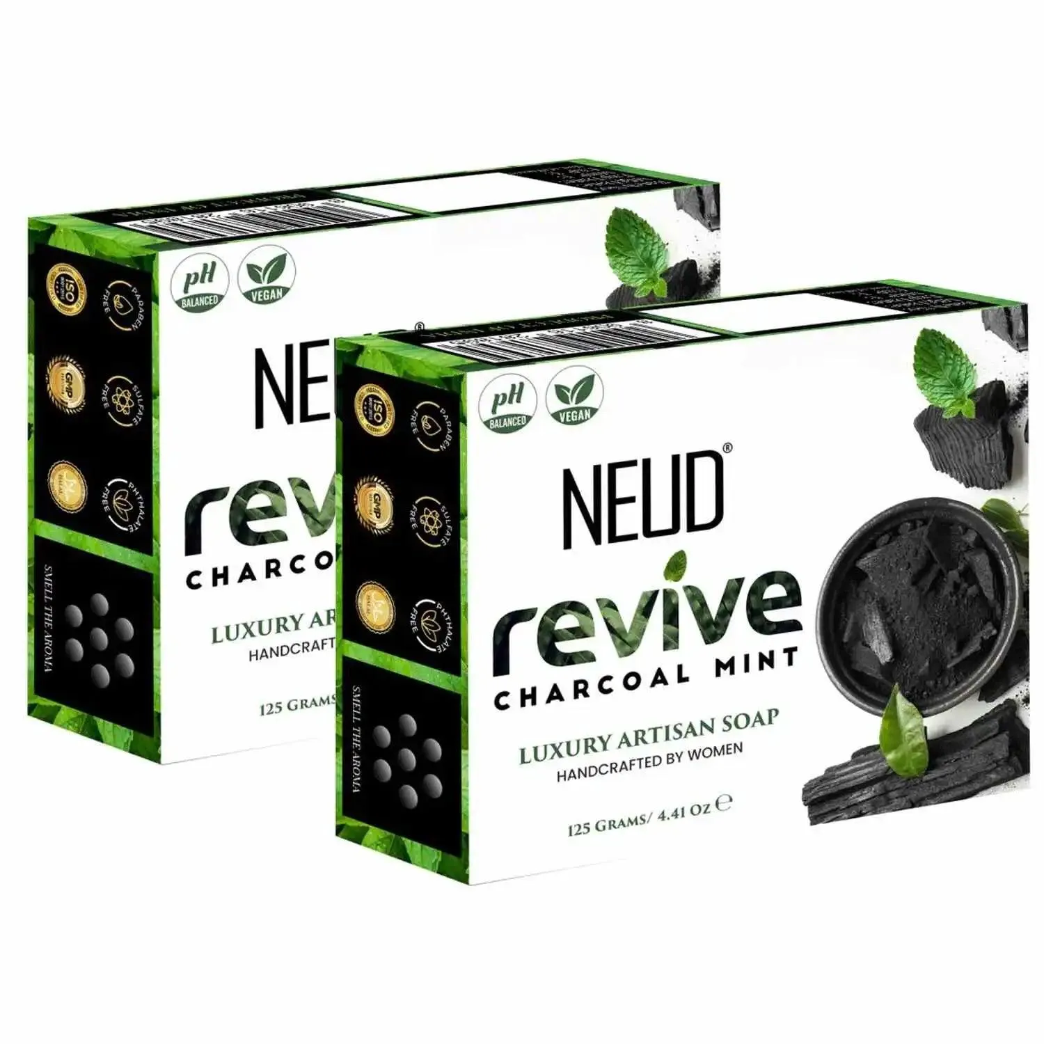 NEUD Revive Charcoal Mint Luxury Artisan pH-Balanced Vegan Handmade Soap 125g with Tea Tree Oil, Peppermint, Eucalyptus, Khus