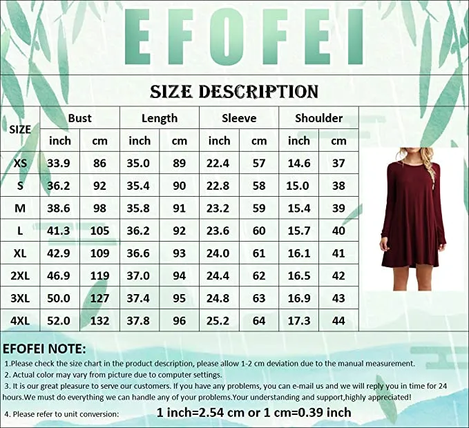 New EFOFEI Womens Long Sleeve Crew Neck Tshirt Mini Dress Casual Loose Fit Swing Tunic Dress, White, Sz XL!