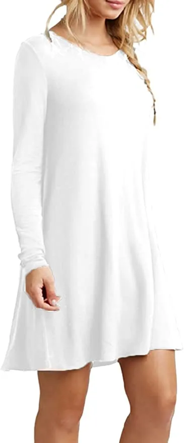 New EFOFEI Womens Long Sleeve Crew Neck Tshirt Mini Dress Casual Loose Fit Swing Tunic Dress, White, Sz XL!
