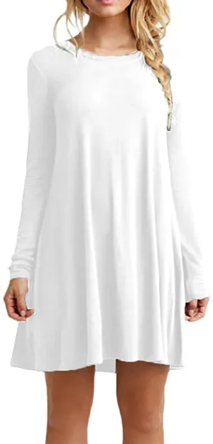 New EFOFEI Womens Long Sleeve Crew Neck Tshirt Mini Dress Casual Loose Fit Swing Tunic Dress, White, Sz XL!