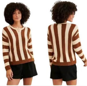 NWT Callahan Annie Henley Sweater Striped Brown and Cream wool blend size M