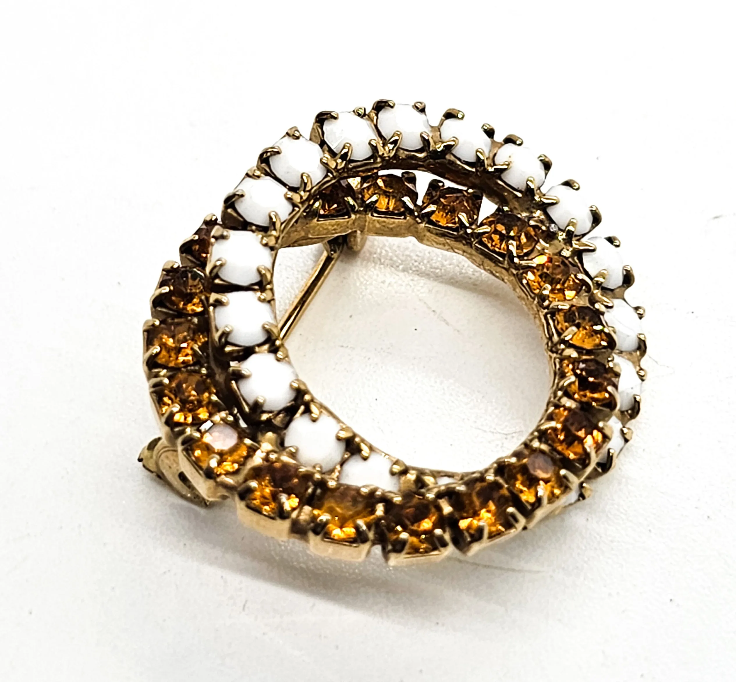 Orange and white milk glass double circle vintage mid century brooch