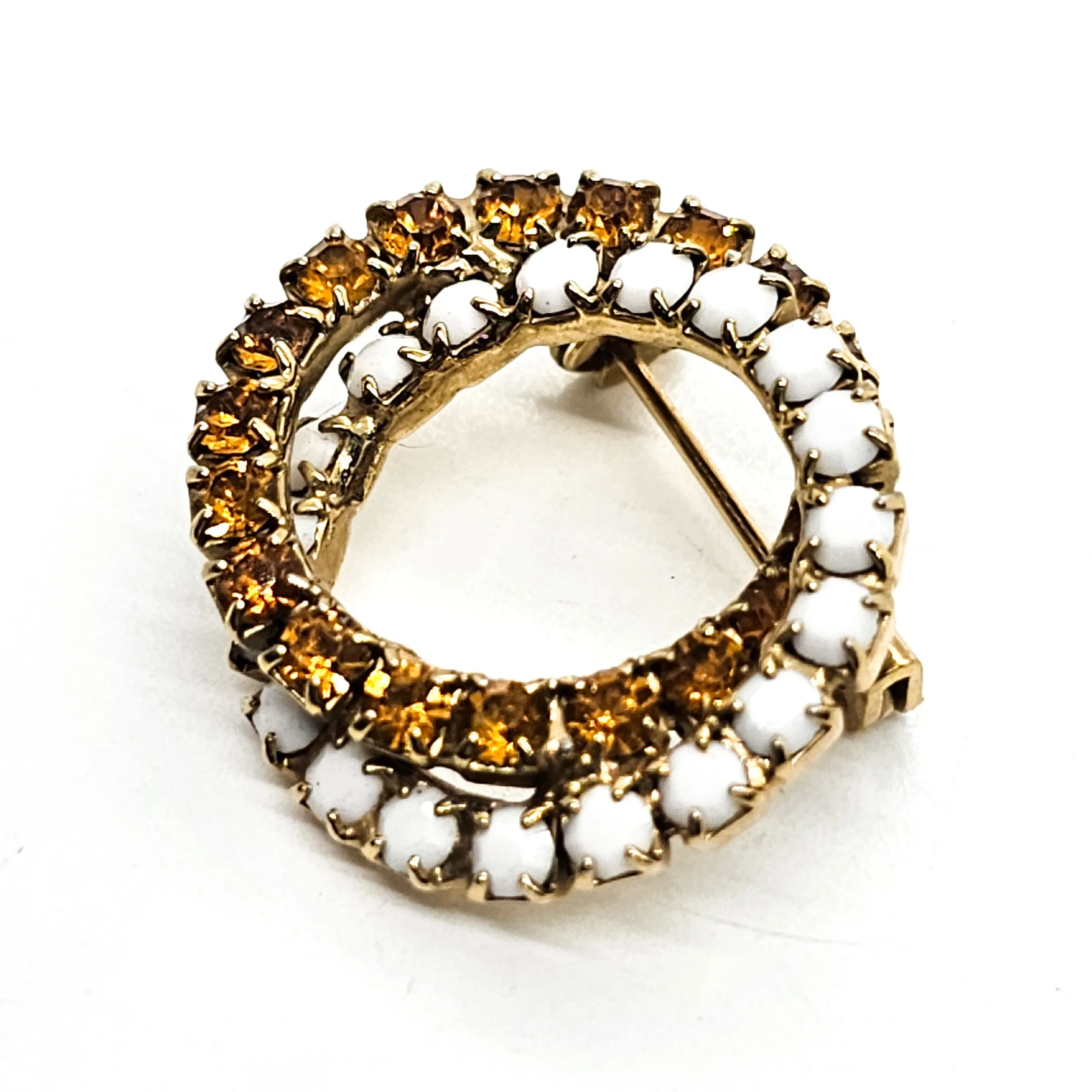 Orange and white milk glass double circle vintage mid century brooch