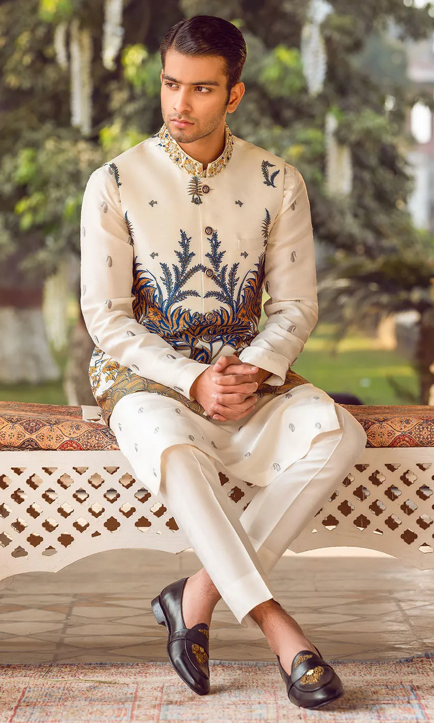 Pakistani Groom Kurta Pajama and Waistcoat in White