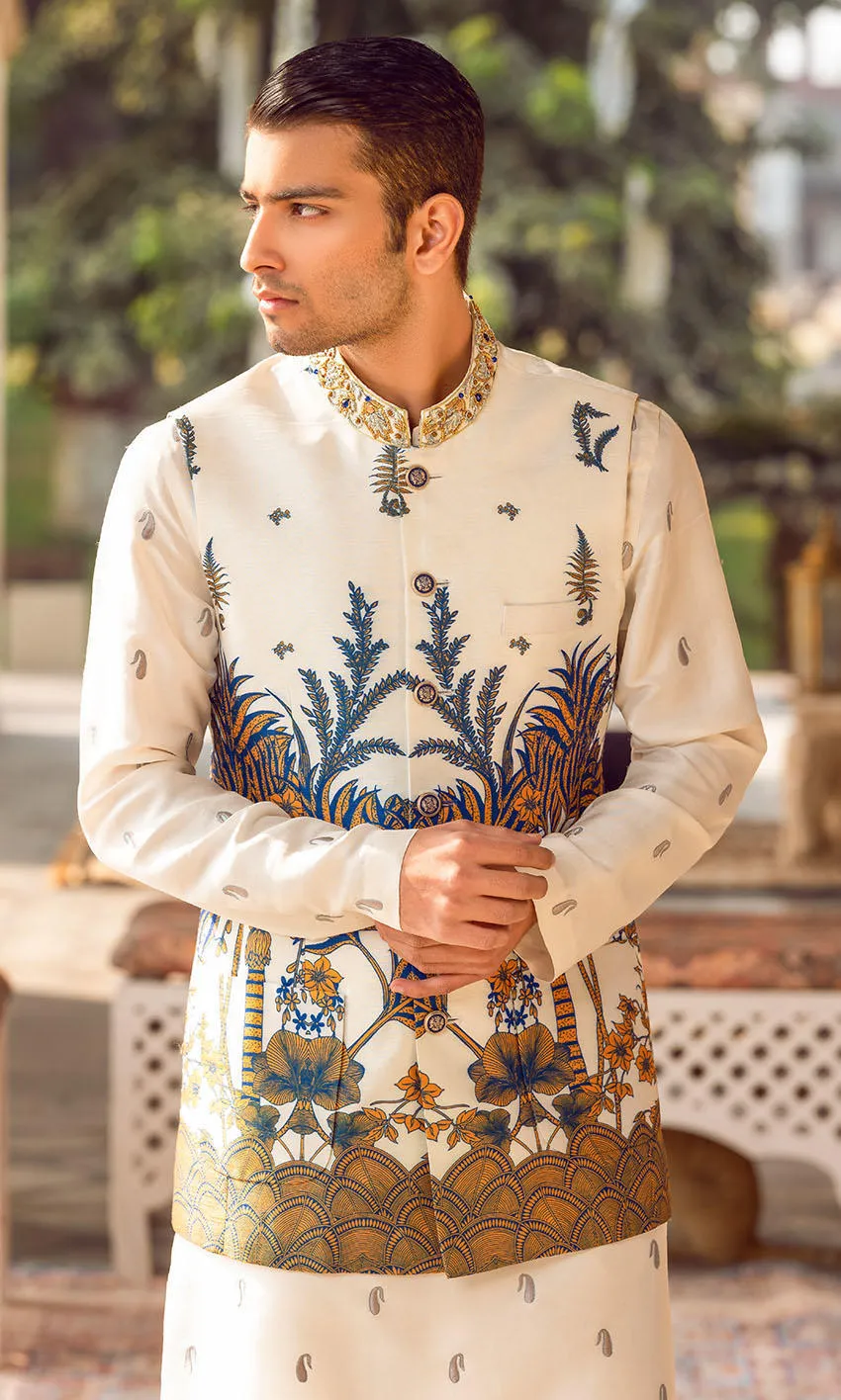 Pakistani Groom Kurta Pajama and Waistcoat in White