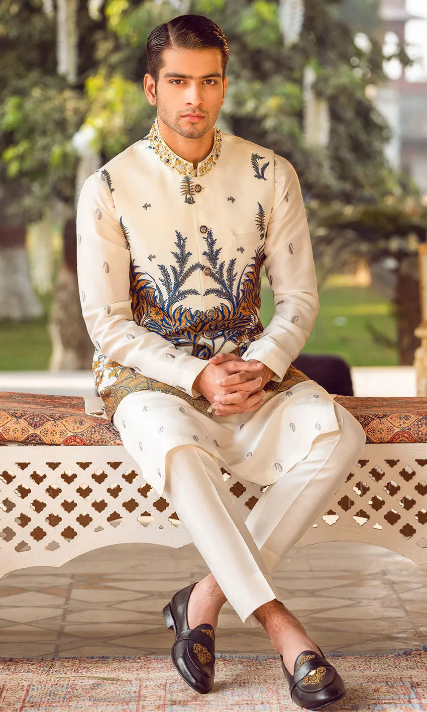 Pakistani Groom Kurta Pajama and Waistcoat in White