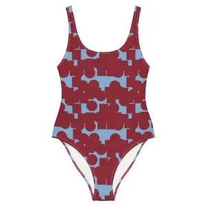 Patterned One-Piece Swimsuit | Red Blue Retro Style | Crowded Memories